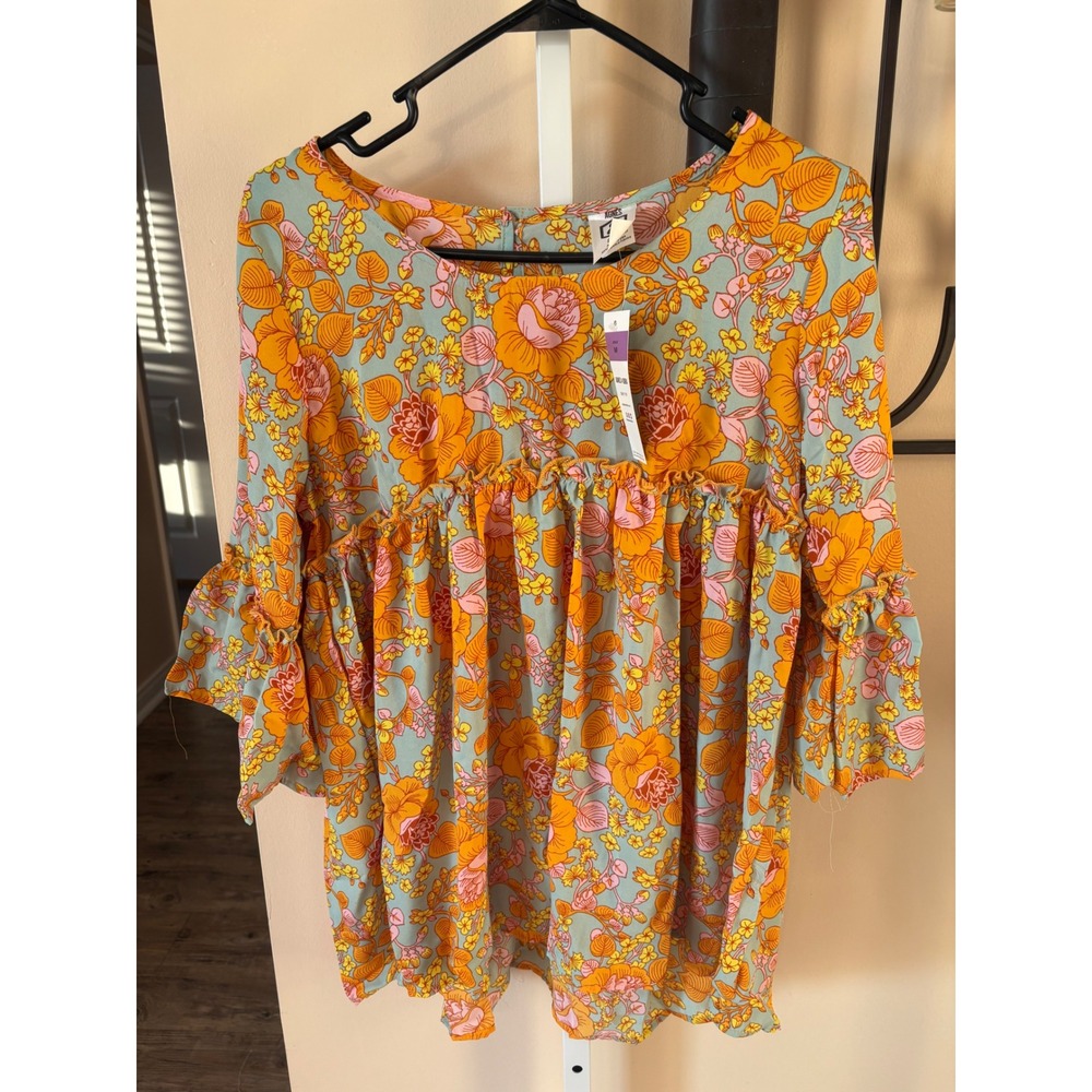 Agnes & Dora Sway Top Floral Babydoll Blouse Orange Blue Ruffle Sleeve Medium